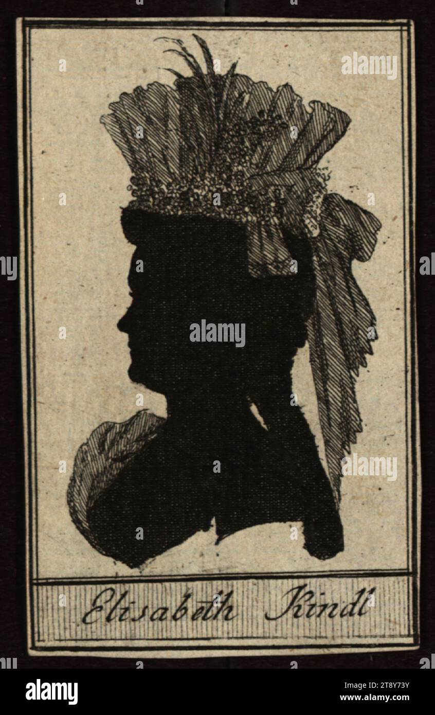 Elisabeth Kiendl (* um 1760), Schauspielerin, Johann Hieronymus Löschenkohl (1753–1807), Verlag, datiert um 1790, Papier, Kupferstich, Blattgröße 8, 5 x 5 cm, Theater, Bildende Kunst, Porträt, Porträt der Schauspielerin, Schauspielerin, Frau, Kopfbedeckung, Sammlung Wien Stockfoto