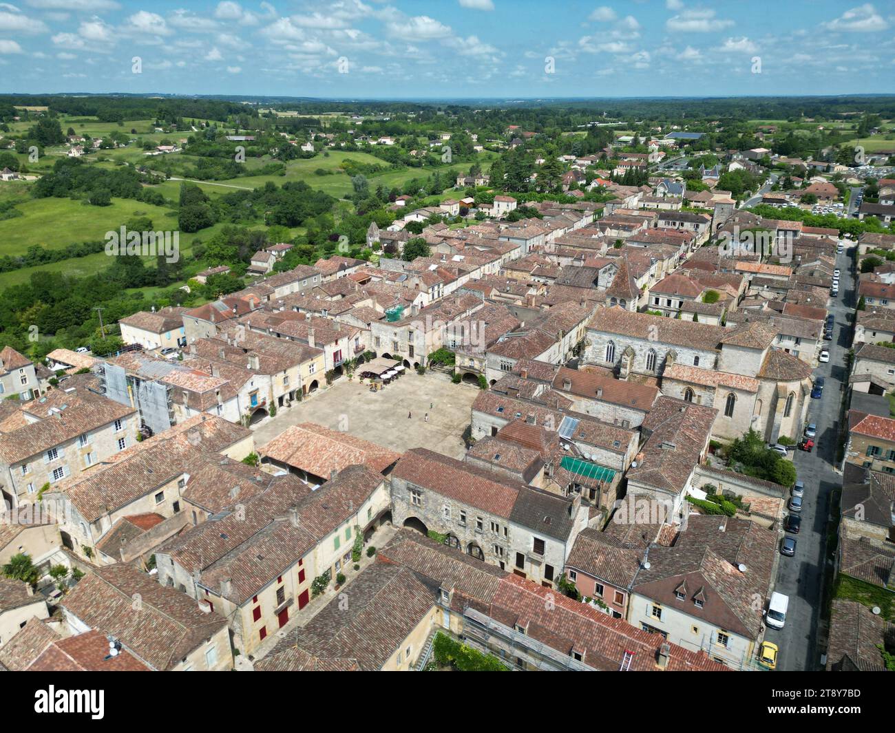 Monpazier Stadtplatz Frankreich Drohne, Luft Stockfoto