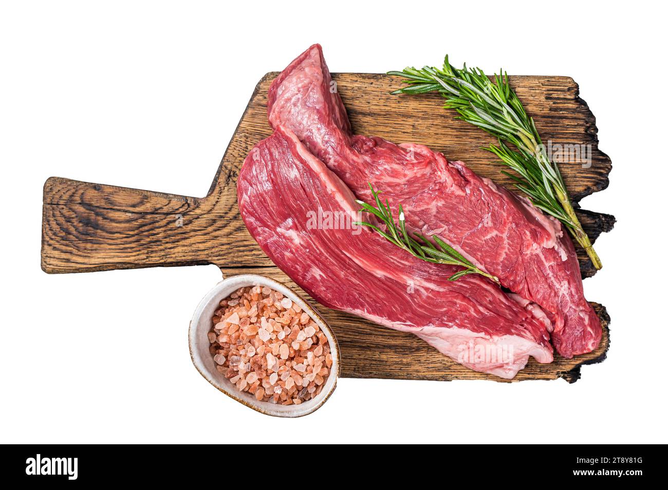 Metzger wählen Bavette rohes Rindfleischsteak oder Flankenklappe auf einem Holzbrett mit Kräutern. Isolierter, weißer Hintergrund. Stockfoto