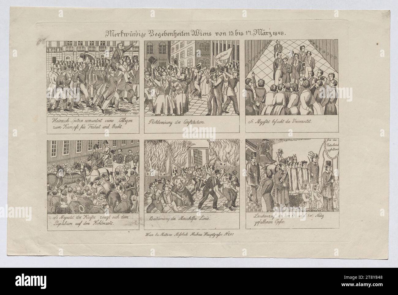 Merkwürdige Begebenheiten Wiens von 13. bis 17. März 1848.", Mathias Mossbeck, Verlag, 1848, Paper, Ätzen, Höhe 20,6 cm, Breite 31,5 cm, Fine Art, Habsburgs, Proteste und Demonstrationen, Revolutionen von 1848, 1849, König; Kaiser, Student, Prozession, Trauerprozession, Verbrennung, Souverän, Souveräns, die Wiener Sammlung Stockfoto