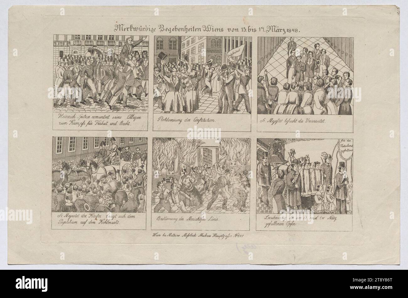 Merkwürdige Begebenheiten Wiens von 13. bis 17. März 1848.", Mathias Mossbeck, Verlag, 1848, Paper, Ätzen, Höhe 20,9 cm, Breite 31,4 cm, Fine Art, Habsburgs, Proteste und Demonstrationen, Revolutionen von 1848, 1849, König; Kaiser, Schüler, Prozession, Trauerprozession, Verbrennung, Herrscher, Herrscher, die Wiener Sammlung Stockfoto