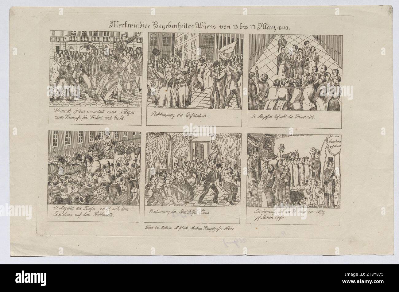 Merkwürdige Begebenheiten Wiens von 13. bis 17. März 1848.", Mathias Mossbeck, Verlag, 1848, Paper, Ätzen, Höhe 20,5 cm, Breite 31,5 cm, Fine Art, Habsburgs, Proteste und Demonstrationen, Revolutionen von 1848, 1849, König; Kaiser, Schüler, Festspiele, Trauerprozession, Verbrennung, Herrscher, Souveräns, die Wiener Sammlung Stockfoto
