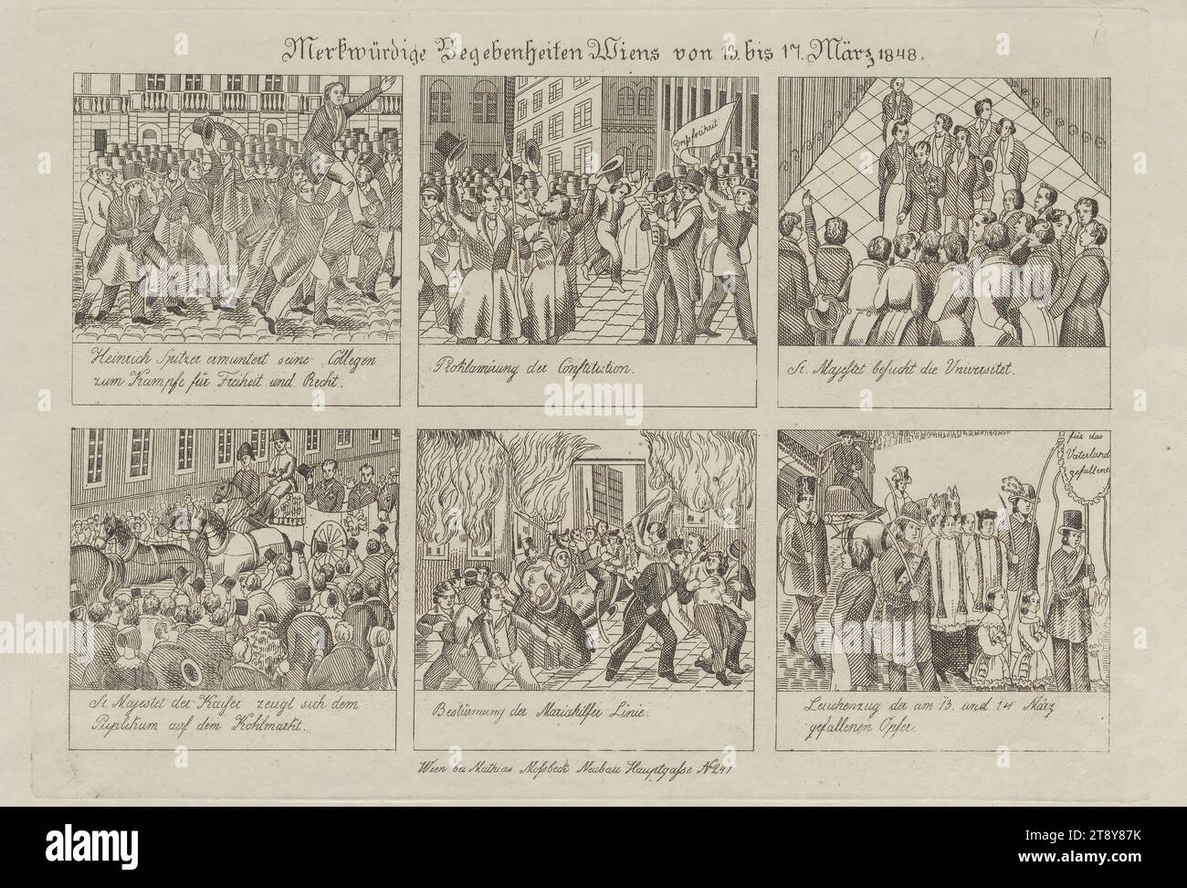 Merkwürdige Begebenheiten Wiens von 13. bis 17. März 1848.", Mathias Mossbeck, Verlag, 1848, Paper, Ätzen, Höhe 20, 5 cm, Breite 31, 5 cm, Bildende Künste, Habsburger, Proteste und Demonstrationen, Revolutionen von 1848, 1849, könig; Kaiser, Student, Prozession, Trauerprozession, brennen, Herrscher, Herrscher, die Wiener Sammlung Stockfoto