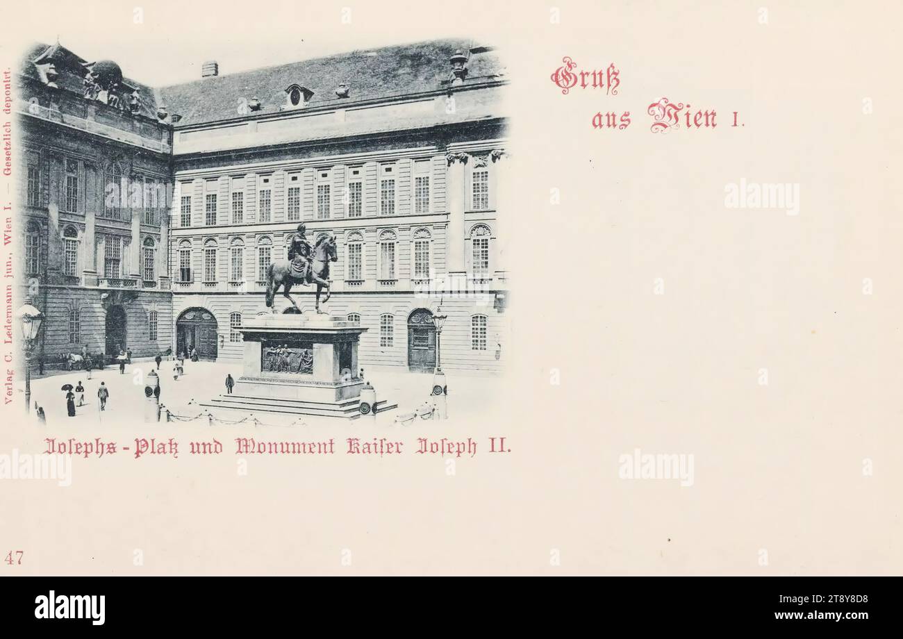 Grüße aus Wien I. Josephs-Platz und Denkmal für Kaiser Joseph II., Carl (Karl) Ledermann Jr., Produzent, Datum um 1898, Karton, Kollotypie, Habsburger, Wahrzeichen, 1: Innenstadt, Denkmal, Statue, Skulptur, Quadrat, Ort, Zirkus usw., mit Menschen, Namen historischer Gebäude, Stätten, Straßen usw. (mit NAMEN), Reiterstatue, Kaiser Joseph II., die Wiener Sammlung Stockfoto