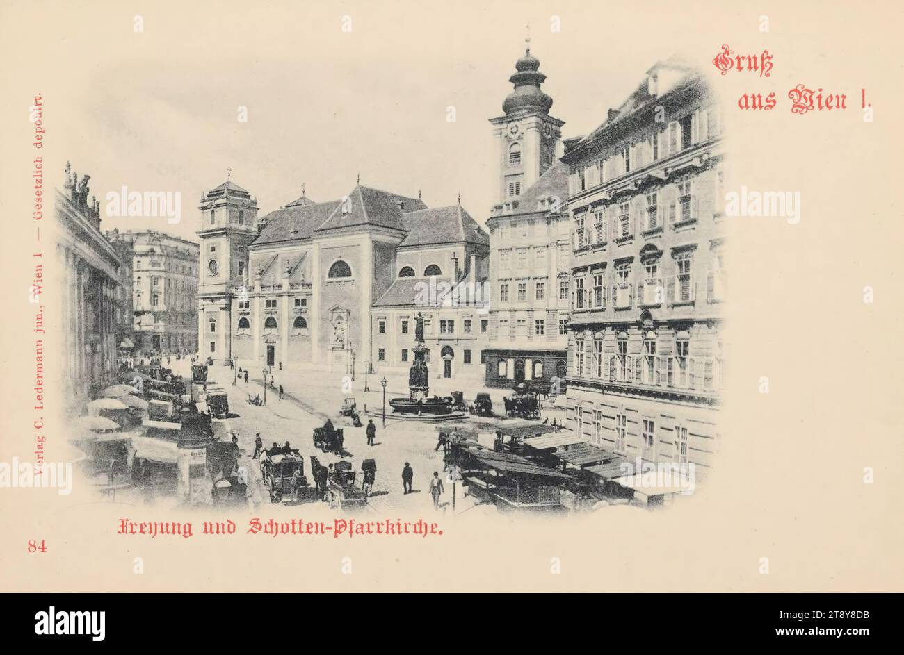 Gruß aus Wien I.. Pfarrkirche Freyung und Schotten, Carl (Karl) Ledermann Jr., Baumeister, Datum um 1898, Karton, Kollotype, Märkte, Handel, 1. Bezirk: Innenstadt, Kirche (außen), Platz, Platz, Zirkus, etc., dekorativer Brunnen, Skulptur, mit Menschen, Fleiß, omnibus, Pferdestraßenbahn, vierrädrig, Tierfahrzeug, z. B.: Reisebus, Wagen, Wagen, (Bauern-)Wagen, Güterwagen, Wagen, Schottenkirche, Freyung, Sammlung Wien Stockfoto