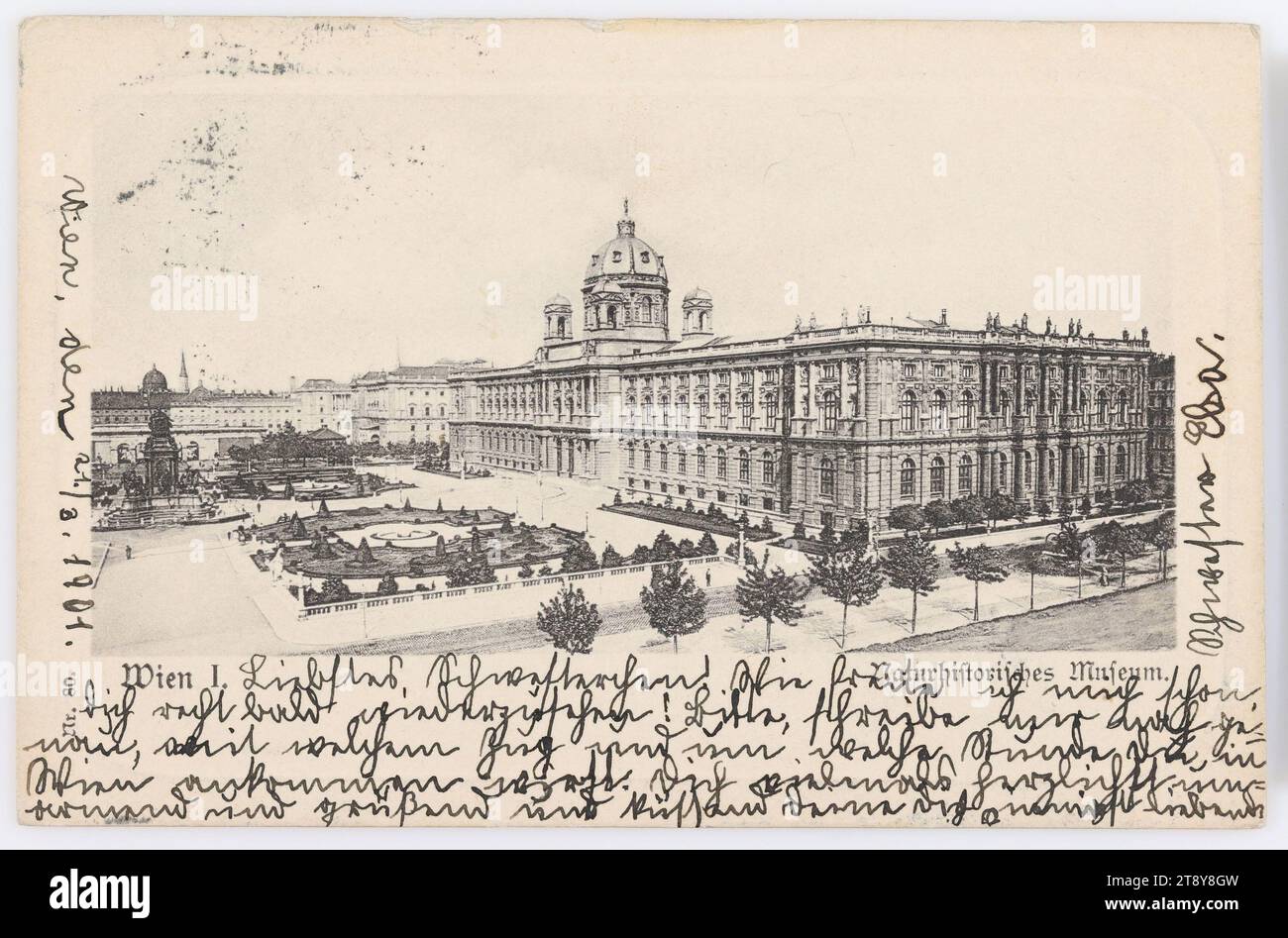 Wien I.. Naturkundemuseum, unbekannt, 1901, Karton, Reliefdruck, Kollotypie, Inschrift, VON, Wien, NACH, Neuhaus, ANSCHRIFT, an Hochwohlgeborenes Fräulein, Zögling im Institut d. engl. Fräuleins, in Neuhaus bei Schärding Baiern, NACHRICHT, Wien, den 21., 3. 1901, Liebste kleine Schwester! Wie froh ich bin, dich bald wiederzusehen! Bitte schreiben Sie mir genau, welchen Zug Sie nehmen und zu welcher Stunde Sie in Wien ankommen. Ihre Schwester Elsa, die Sie sehr liebt, umarmt Sie aufrichtig, begrüßt Sie und küsst Sie. Ringstraße, Sehenswürdigkeiten, Medien und Kommunikation Stockfoto