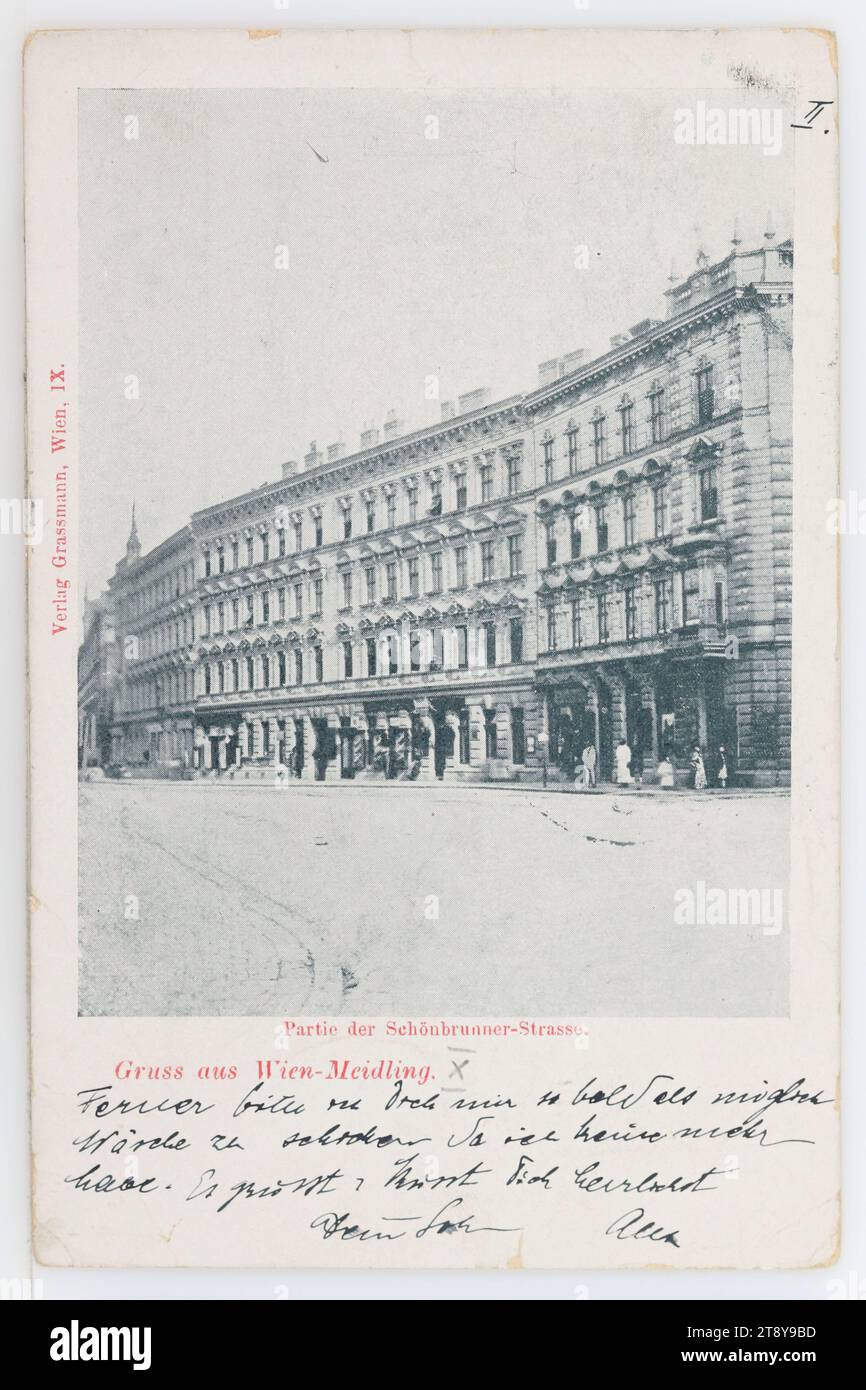 12., Schönbrunner Straße - Allgemein, Ansichtskarte, Verlag Grassmann, Produzent, 1899, gestrichener Karton, Halbtondruck, Beschriftung, AUS Wien, AN, Wien, ADRESSE, Hochwohlg., Frau, Wien XVII, [[, Zwerngasse 16, BOTSCHAFT, bitte schicken Sie die Wäsche so schnell wie möglich nach, da ich keine mehr habe. Grüße, Küsse, dein Sohn Alex, Medien und Kommunikation, Postkarten mit Transliteration, 12. Bezirk: Meidling, Straße, das übliche Haus oder eine Reihe von Häusern, Mehrfamilienhaus, Mehrfamilienhaus, Haus mit Geschäft kombiniert, mit Menschen, Handschrift, schriftlicher Text Stockfoto