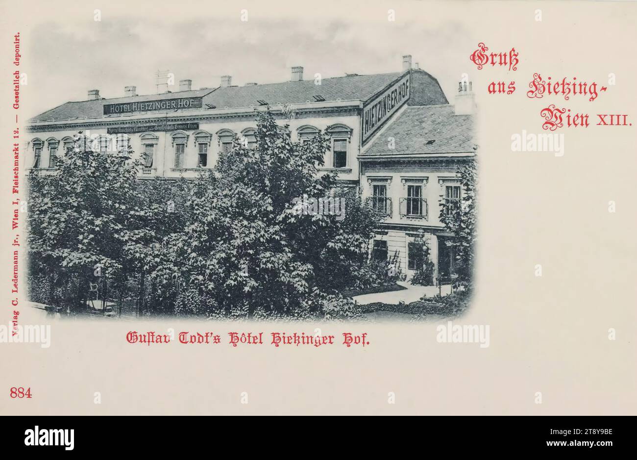 13., Hietzinger Hauptstraße 22 - Gustav Todt's Hotel Hietzinger Hof, Ansichtskarte, Carl (Karl) Ledermann jun., Hersteller, Datum um 1898, Karton, Kollotype, Hotel- und Restaurantbranche, 13. Bezirk: Hietzing, Bäume, die Wiener Sammlung Stockfoto
