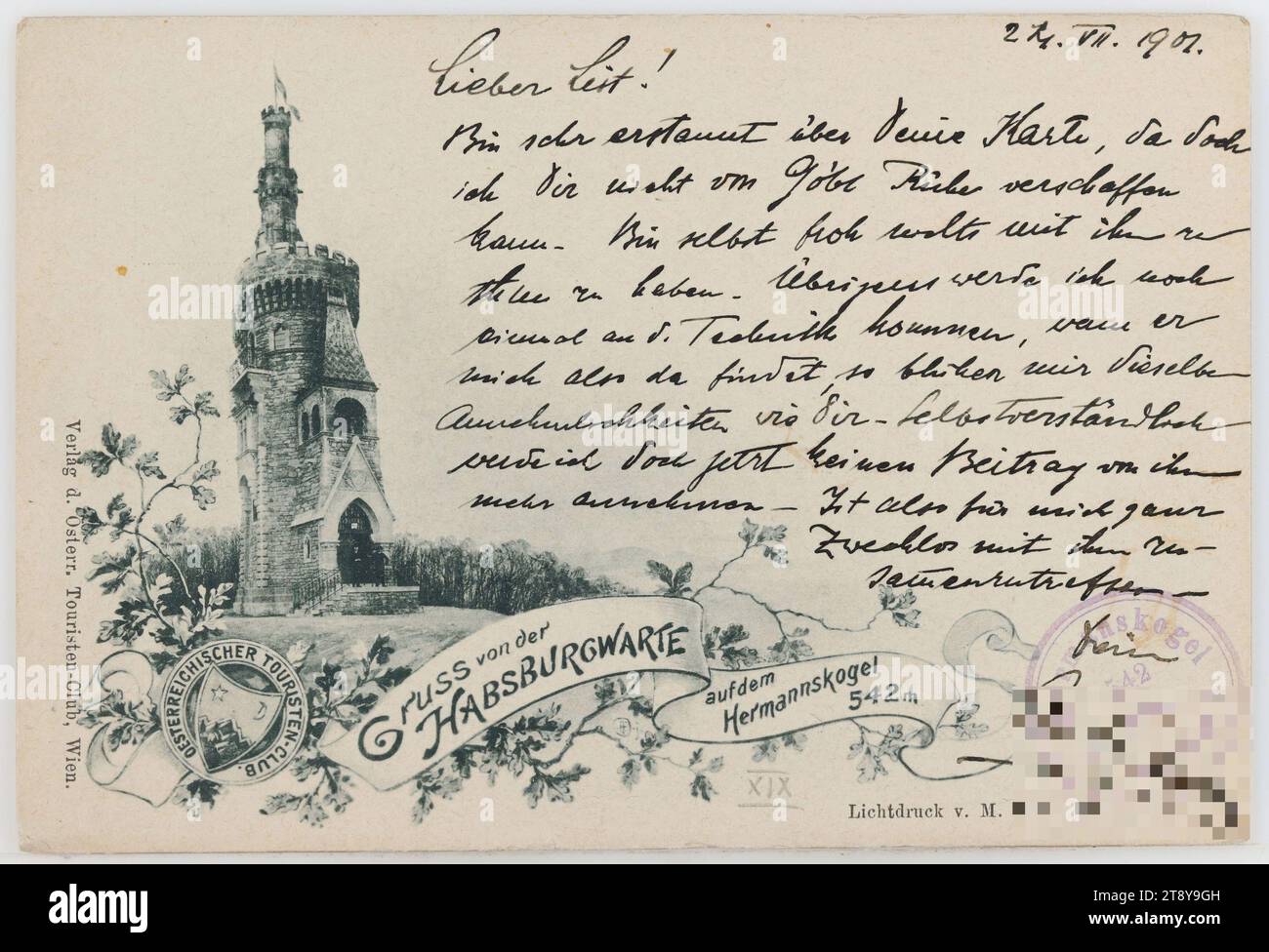 19., Hermannskogel - Habsburgwarte, Ansichtskarte, österreichischer Tourismusverein, Produzent, max Jaffé (1845-1939), Drucker, 1901, Karton, Kollotyp, Inschrift, 2021-09-VON, Vienna, TO, Vienna, ANSPRACHE an den ehrenwerten Gentleman, St. Mech., Wien XIII, 10, Gallgasse 27, NACHRICHT, 24.VII.1901, liebe Liste!, ich bin sehr erstaunt über deine Karte, denn ich kann dir keine von Göbl Ruhe besorgen. Ich selbst bin froh, nichts mit ihm zu tun zu haben. Übrigens, ich komme wieder zur Technik. Wenn er mich dort findet, werde ich die gleichen Annehmlichkeiten genießen wie Sie. Natürlich Stockfoto