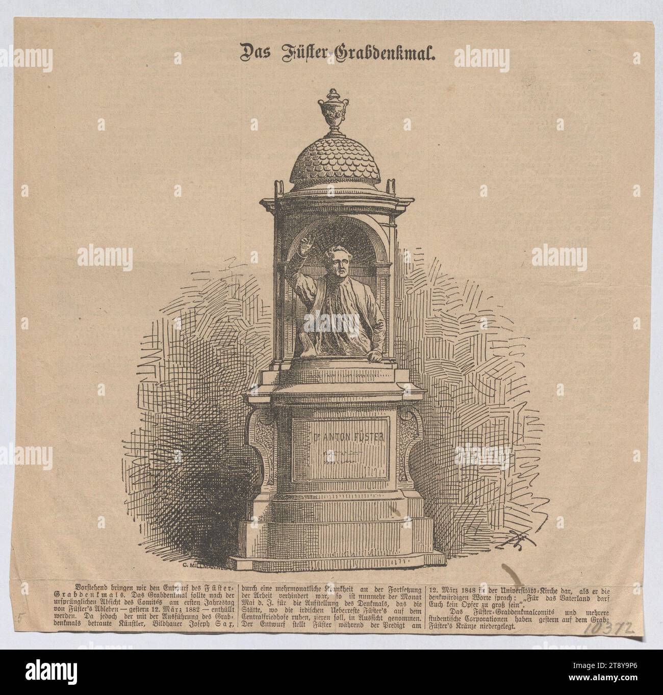 Entwurf des Grabdenkmals für Anton Füster auf dem Wiener Zentralfriedhof (Zeitungsausschnitt), C. Millmann, Xylograf, 1882, Papier, Holzstich, Höhe 25, 3 cm, Breite 26, 4 cm, Revolutionen von 1848, 1849, 11. Bezirk: brodelnd, Denkmal, Statue, Grab, Grab, Skulptur, Zentralfriedhof, Wiener Sammlung Stockfoto