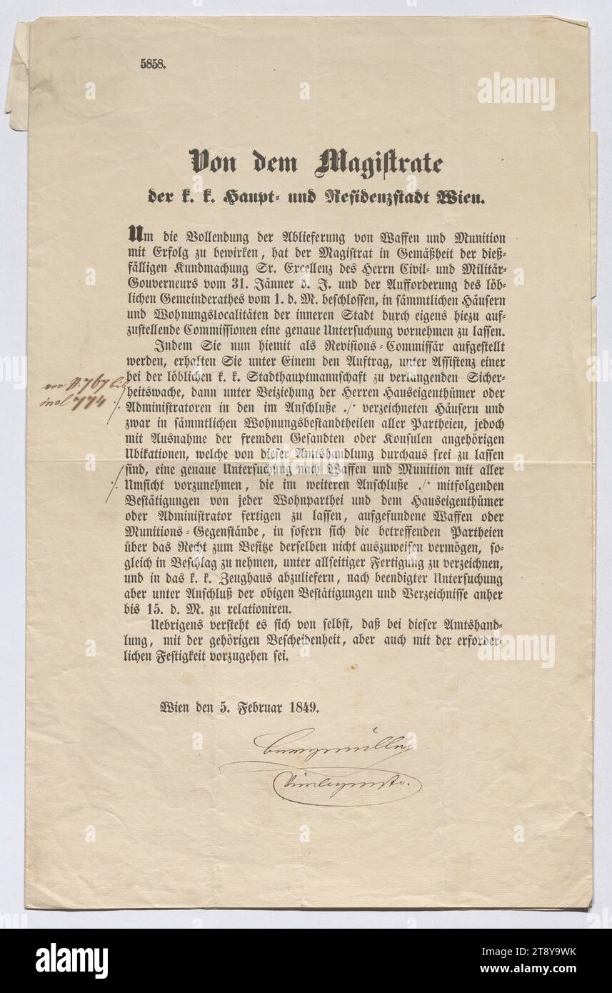Installation des Steuerrichters Josef Braun als revisionsbeauftragter zur Hausdurchsuchung nach versteckten Waffen, Josef Braun, Auteur, 1849, Papier, Druck und Handschrift, Höhe 39, 2 cm, Breite 24, 9 cm, Revolutionen von 1848, 1849, Wiener Sammlung Stockfoto