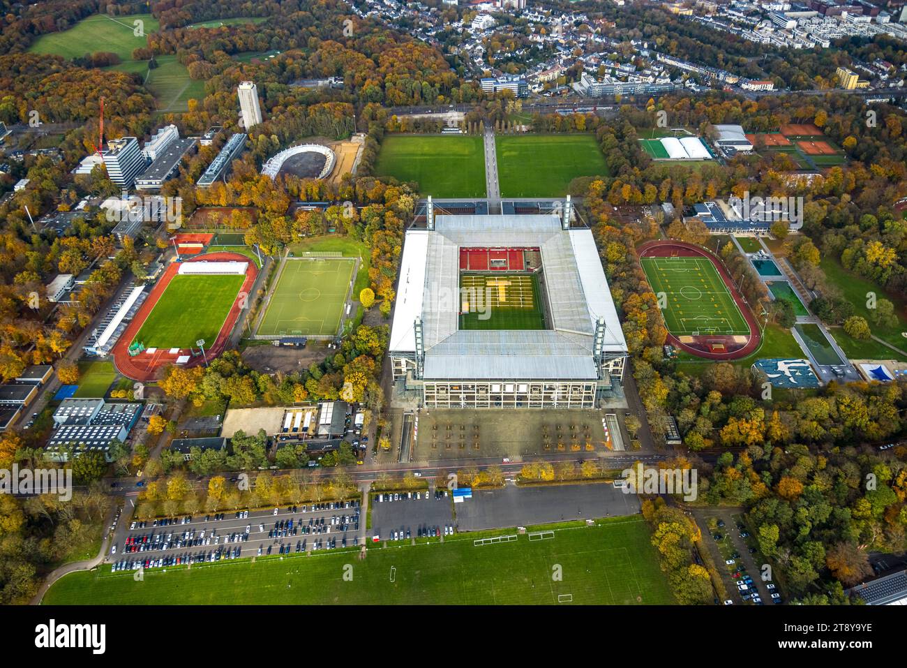 Luftbild, Bundesligastadion RheinEnergieStadion des 1. FC Köln, ehemals Müngersdorfer Stadion Fußballplatz und Trainingsplätze umgeben von herbstlichen Laubbäumen, hinten das Radstadion Köln Baustelle mit Umbau Sportstätte Albert-Richter-Bahn, Müngersdorf, Köln, Rheinland, Nordrhein-Westfalen, Deutschland ACHTUNGxMINDESTHONORARx60xEURO *** Luftaufnahme Bundesliga Stadion RheinEnergieStadion 1 FC Köln, ehemals Müngersdorfer Stadion Fußball- und Trainingsgelände umgeben von herbstlichen Laubbäumen, im Hintergrund das Radsportstadion Köln Baustelle mit Umbau von Stockfoto