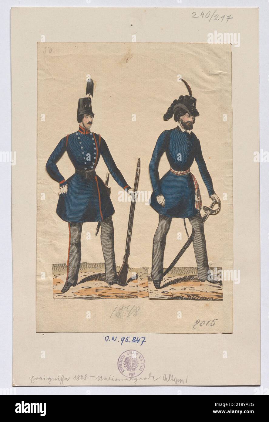 A National Guardsman and an Academic Legionaire 1848, Unknown, 1848, Papier, farbig, Stift- und Tintenlithografie, Höhe 19, 4 cm, Breite 13, 1 cm, Militär, schöne Künste, Revolutionen von 1848, 1849, der Soldat; das Leben des Soldaten, (militärische) Uniformen, die Wiener Sammlung Stockfoto