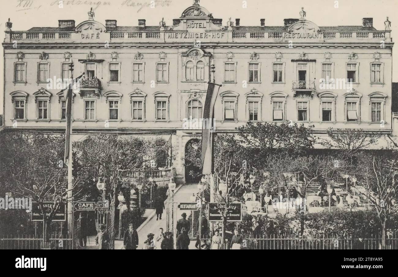 13th, Hietzinger Hauptstraße 22 - Hotel Hietzinger Hof mit Restaurierung, Ansichtskarte, Unbekannt, 1905-1909, Pappe, Collotype, Höhe x Breite 9 x 14 cm, Hotel- und Gaststättenindustrie, Freizeit und Freizeit, 13. Bezirk: Hietzing, mit Menschen, die Wiener Sammlung Stockfoto