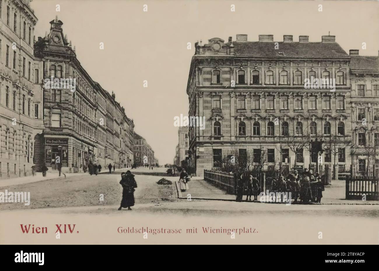 15., Goldschlagstraße - mit Wieningerplatz - Blick in Richtung Neubaugürtel, Ansichtskarte, Sperlings Postkartenverlag (M.M.S.), Produzent, 1900-1905, Karton, Kollotypie, Höhe x Breite 9, 1 x 13, 9 cm, 15. Bezirk: Rudolfsheim-Fünfhaus, Straße, das übliche Haus oder die gewöhnliche Reihe von Häusern, Wohnhäusern, Wohnhäusern, Wohnhäusern, die mit einem Geschäft, einem Platz, einem Ort, einem Zirkus usw. kombiniert werden, mit Menschen, Goldschlagstraße, der Wiener Sammlung Stockfoto