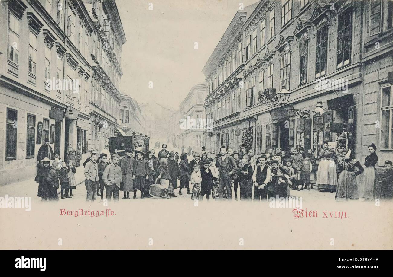 17., Bergsteiggasse - allgemein, Ansichtskarte, Carl (Karl) Ledermann Jr., Hersteller, datiert um 1900, Karton, Kollotype, Höhe x Breite 9 x 14 cm, 17. Bezirk: Hernals, Straße, das übliche Haus oder die Reihe von Häusern, Flachhaus, Mehrfamilienhaus, Haus mit Geschäft kombiniert, mit Menschen, Sammlung Wien Stockfoto