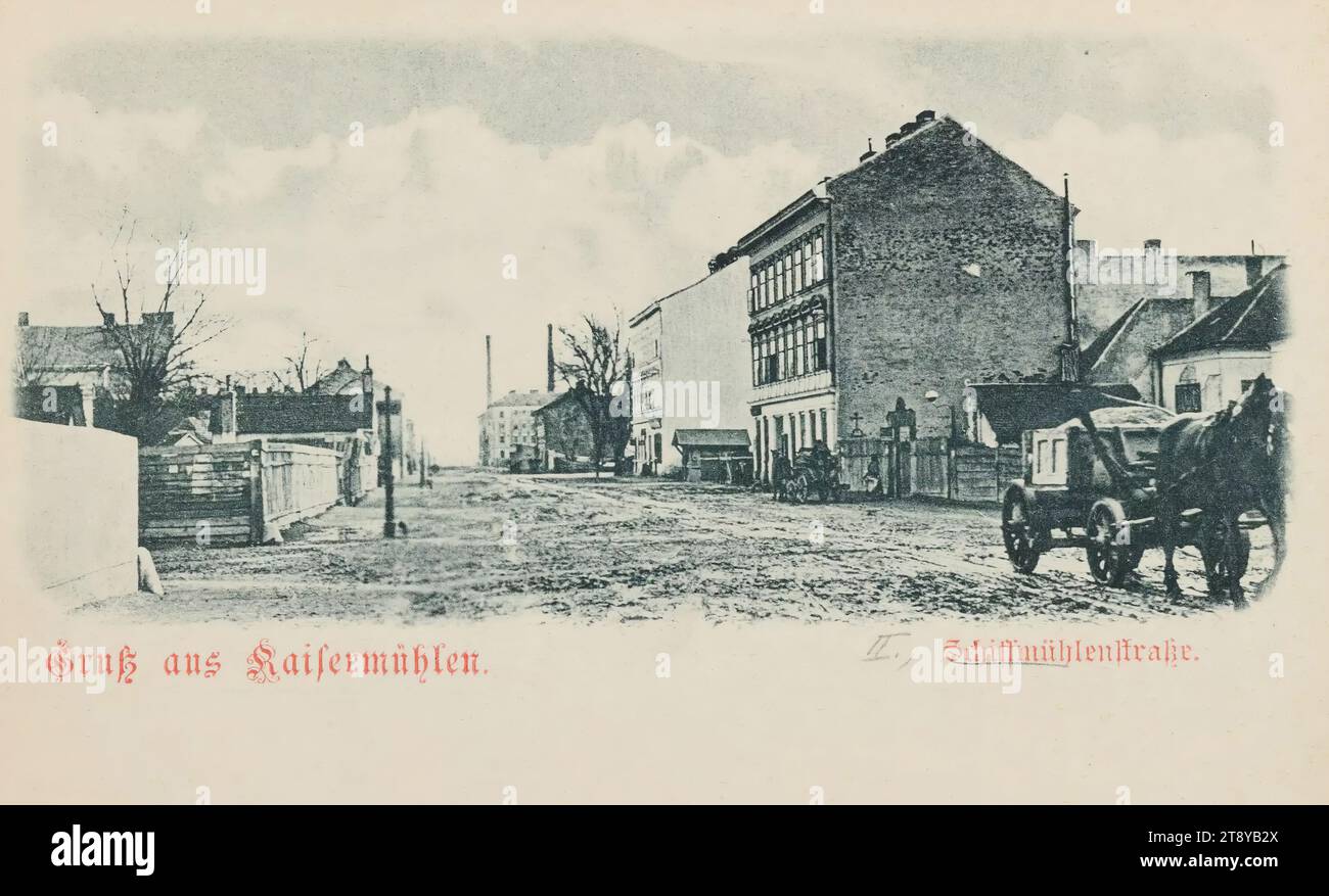 22., Kaisermühlen - Schiffmühlenstraße, Ansichtskarte, Verleger Josef Popper (J. P. W.), Produzent, 1900-1904, Karton, Kollotype, Höhe x Breite 9 x 14 cm, 22: Donaustadt, Straße, das übliche Haus oder die übliche Reihe von Häusern, Flachbau, Wohnhaus, (Bauern-)Wagen, Güterwagen, Cart, die Wiener Sammlung Stockfoto