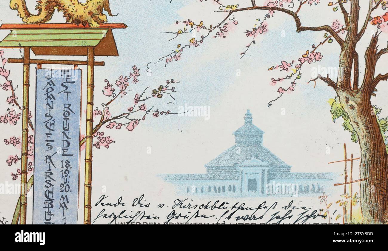 Japanisches Kirschblütenfest Rotunde 18., 19. 20. Mai 1901, Unbekannt, 1901, beschichtete Pappe, Farblithographie, Höhe x Breite 9 x 14 cm, Beschriftung, VON, Wien, BIS, Görz, ANSCHRIFT, Hochwohlgeboren, Frau, k. u. k. Oberstlieutenantsgemalin, Gorizia, Küstenland, Corso Nr. 11. I. Floor, NACHRICHT, Wien, 22, 5, senden Sie Ihnen vom Cherry Blossom Festival die herzlichsten Grüße. Es war sehr schön, wann kommen Sie nach Wien?, Ihre Elise, Prater, Ausstellungen, Medien und Kommunikation, verschwundene Stätten und Strukturen, Postkarten mit Transliteration, 2. Bezirk: Leopoldstadt Stockfoto