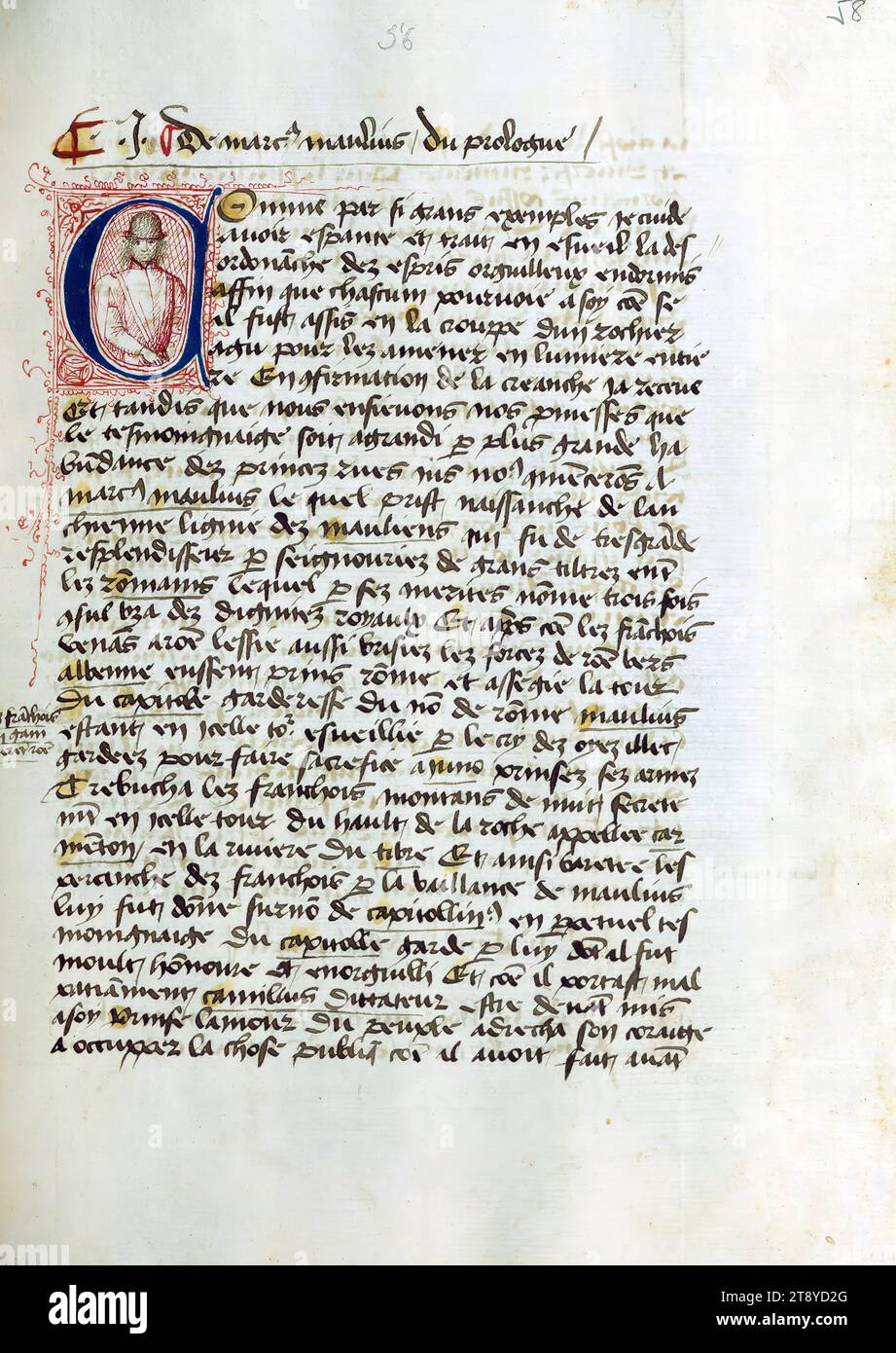 Boccaccio's de Casibus Virorum Illustrium (französische Übersetzung), Initial 'C' mit Zeichnung eines Mannes, diese Handschrift enthält Jean (auch bekannt als Johannes) Lamelins gekürzte französische Übersetzung von Giovanni Boccaccios de Casibus Virorum Illustrium (über das Schicksal berühmter Männer). Der Inhalt, einschließlich des Kolophons, ist sehr eng mit dem Autogrammwerk Lamelins von 1431 (Paris, Bibliothèque Mazarine, 3880) verwandt, das die einzige andere bekannte Kopie dieses Textes ist Stockfoto