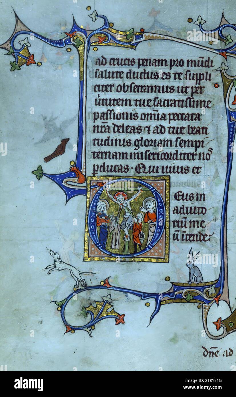 Stundenbuch, erstes 'D' mit der Kreuzigung mit Jungfrau, St. Johannes Evangelist, Stephaton und Longinus, dieses Buch der Stunden wurde Anfang des 14. Jahrhunderts in Nordostfrankreich produziert. Der Inhalt des Kalenders deutet auf eine Verwendung von Saint-Omer hin, das sich in der Diözese Therouanne befand. Die Anwesenheit einer weiblichen Figur, die im Gebet kniet und das Pfingsten begleitet, deutet darauf hin, dass das Manuskript für eine weibliche Besitzerin erstellt wurde. Der Kalender enthält marginale Beleuchtung mit den Monaten und den Sternzeichen Stockfoto