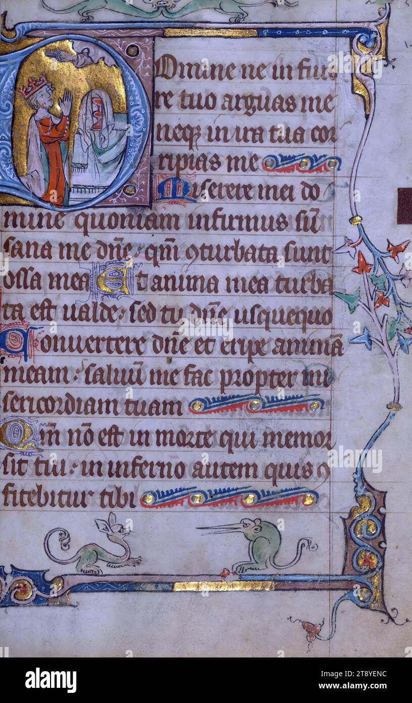 Buch der Stunden, David betet vor dem Altar, dieses Buch der Stunden wurde 1320-30 in der Region Gent fertiggestellt. Das Vorhandensein der Stunden des Kreuzes, die Papst Johannes (XXII, 1316–1334) zugeschrieben wurden, ist ein Beweis für die Datierung der Handschrift Stockfoto