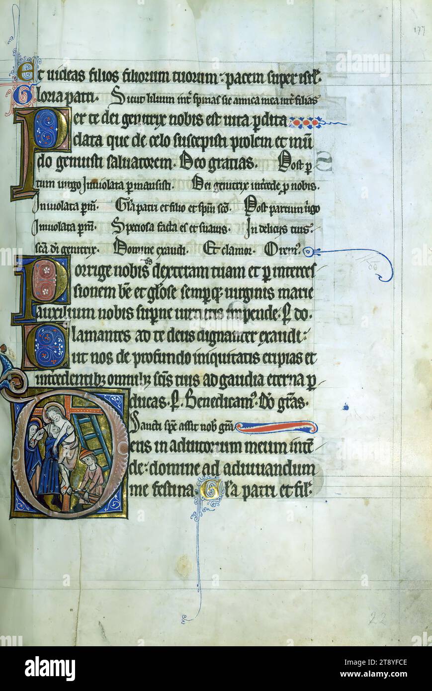 Psalter-Stunden von Bruder Guimier, initiale D mit der Abschrift, diese ungewöhnlich große Psalter-Stunden entstand im letzten Viertel des 13. Jahrhunderts in der Region Thérouanne im Nordosten Frankreichs, damals als Flandern betrachtet. Die Handschrift ist durchgehend mit aufwendig verzierten und historisierten Initialen beleuchtet und enthält auch eine einzige ganzseitige Miniatur des Martyriums von Thomas Becket Stockfoto