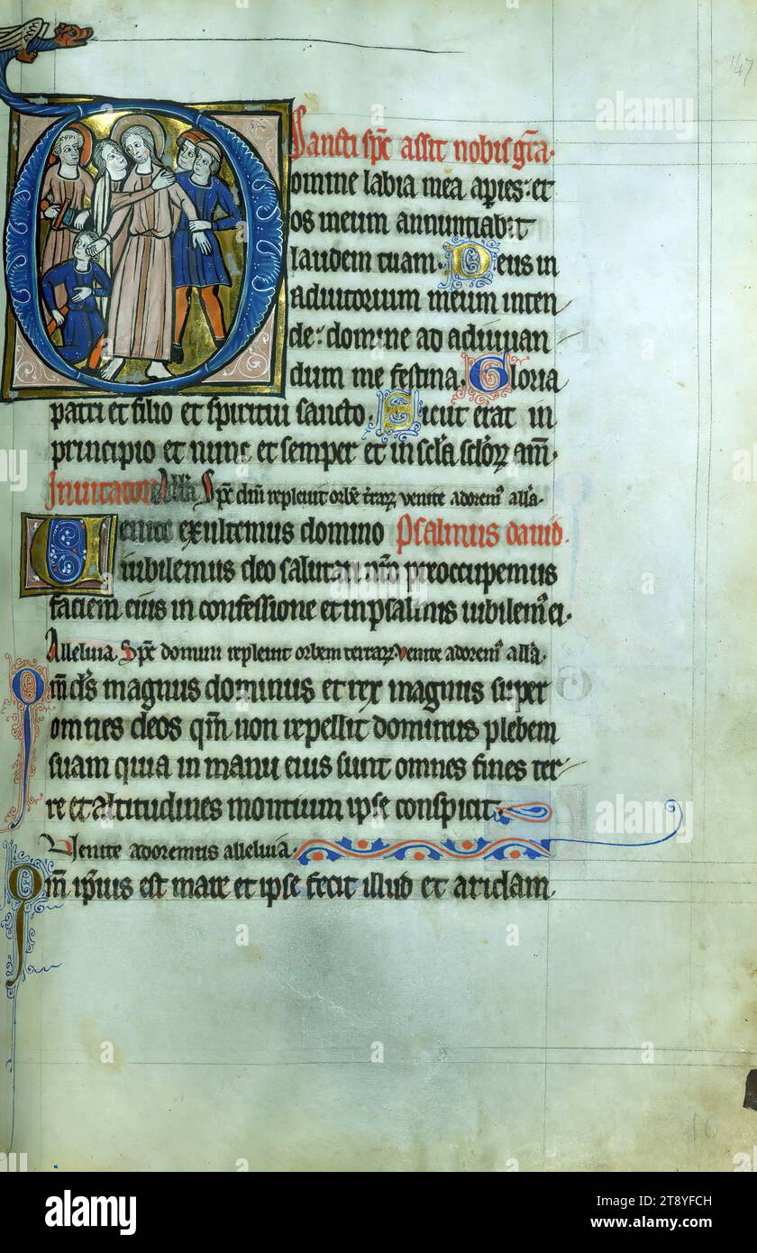 Psalter-Stunden des Bruders Guimier, Initial „D“ mit dem Verrat Christi, entstand diese ungewöhnlich große Psalter-Stunden im letzten Viertel des 13. Jahrhunderts in der Region Thérouanne im Nordosten Frankreichs, die damals als Flandern galt. Die Handschrift ist durchgehend mit aufwendig verzierten und historisierten Initialen beleuchtet und enthält auch eine einzige ganzseitige Miniatur des Martyriums von Thomas Becket Stockfoto