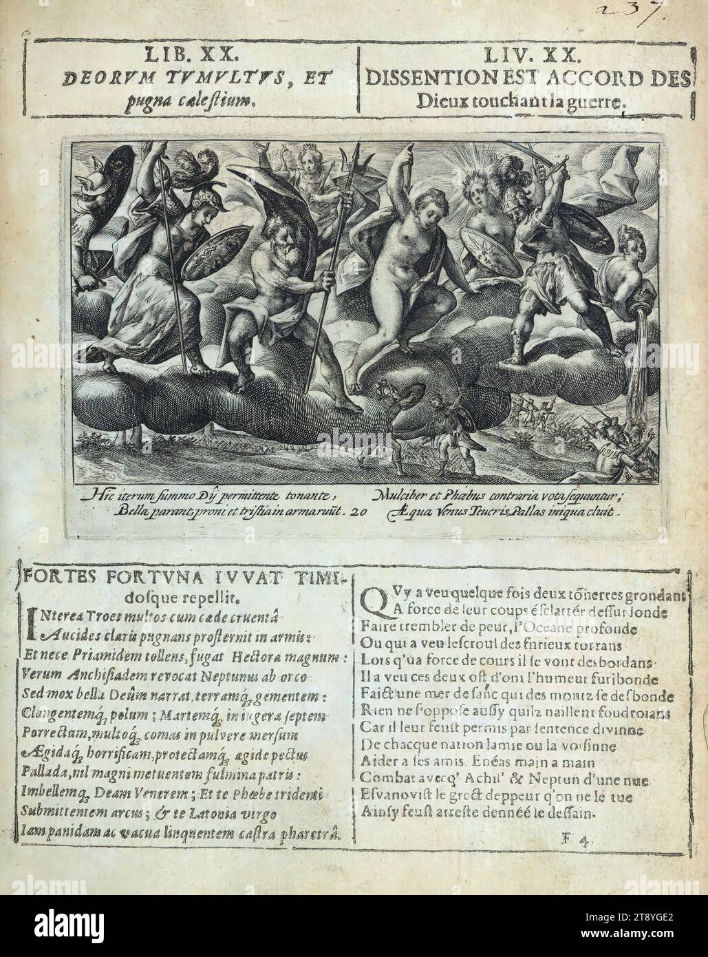 Liber amicorum von Joannes Carolus Erlenwein, Quecksilber, Minerva, Neptun, Juno, Diana, Apollo, Mars und Thetis beobachten das Schlachtfeld von oben, S. 237, Hans Carl Erlenwein und seine Klassenkameraden in der Seminarschule, alle Teenager-Söhne deutscher Aristokraten, komponierten dieses Liber Amicorum, oder Freundschaftsbuch, für sein lateinisches Alter Ego „Joannes Carolus Erlenwein“. Die Entstehung des Buches war selbst ein Spiel: Freunde haben sich durch eindrucksvolle Familienwappen, herzliche lateinische Inschriften und bezaubernde Bilder gegenseitig überholt Stockfoto