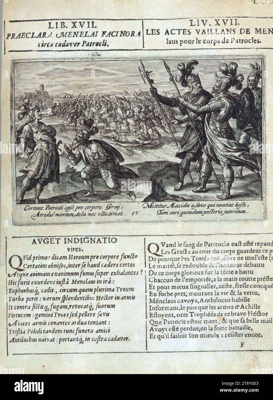 Liber amicorum von Joannes Carolus Erlenwein, Menelaus beschützt den Körper von Patroclus, S. 215, Hans Carl Erlenwein und seine Klassenkameraden in der Seminarschule, alle Teenager-Söhne deutscher Aristokraten, komponierten dieses Liber Amicorum oder Freundschaftsbuch für sein lateinisches Alter Ego „Joannes Carolus Erlenwein“. Die Entstehung des Buches war selbst ein Spiel: Freunde haben sich durch eindrucksvolle Familienwappen, herzliche lateinische Inschriften und bezaubernde Bilder gegenseitig überholt. Durch Bilder wurde Joannes zum Held seiner eigenen Geschichte, als er und seine Freunde in Not kämpften, Tennis spielten, jagten und retteten Stockfoto