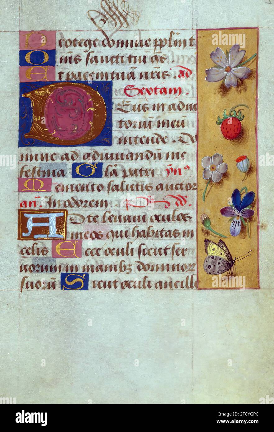 Folio 56r, hergestellt im 15. Jahrhundert, und etwas später, die Art und Weise, wie dieses kleine Stundenbuch in der Gegenwart erscheint, mag nicht anders sein als der Betrachter aus dem 16. Jahrhundert. In dieser Zeit wurde das kostbare rote Samttextil, das mit Seide und Silber bestickt wurde, der Handschrift hinzugefügt, wahrscheinlich in Belgien oder England. Das Buch entstand in Flandern um 1480–1490 und war wahrscheinlich für Cambrai bestimmt, wie die Auswahl der Heiligen im Kalender zeigt Stockfoto