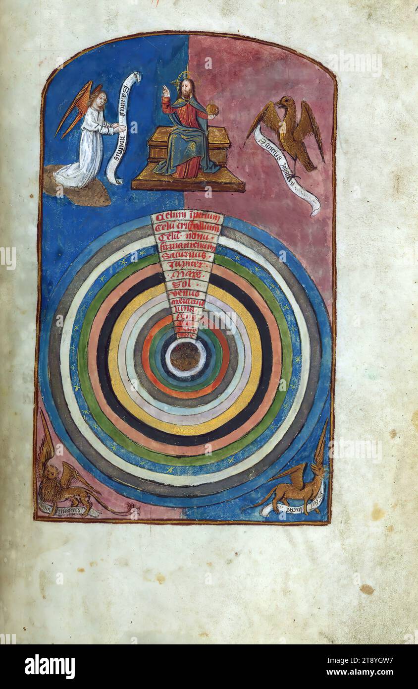 Gossouin von Metz, Image du Monde, Himmelssphären, Christus thronte und evangelistische Symbole, Chi parle du celestiel paradis Stockfoto