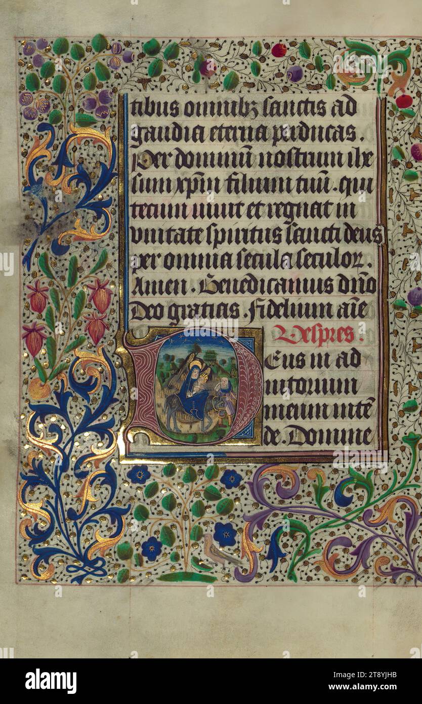 Stundenbuch, anfänglich 'D' mit Flug nach Ägypten, für die Nutzung von Cambrai, CA. 1450-60, dieses umfangreiche Buch der Stunden besteht aus 265 Folien, mit zwei ganzseitigen Miniaturen (eingefügt) und 13 historisierten Initialen. Vielleicht lag der Fokus auf dem Gebet statt auf der Dekoration an dem vermuteten Erstbesitzer, der in Mons ansässig war und mit einem Benediktinerkloster (Sainte Waudry gewidmet) verbunden war. Einige franziskanische Sympathien werden in der Litanei erwähnt, was durch eine Zitat von Bernardinus von Siena, Franziskus und Clara belegt wird Stockfoto