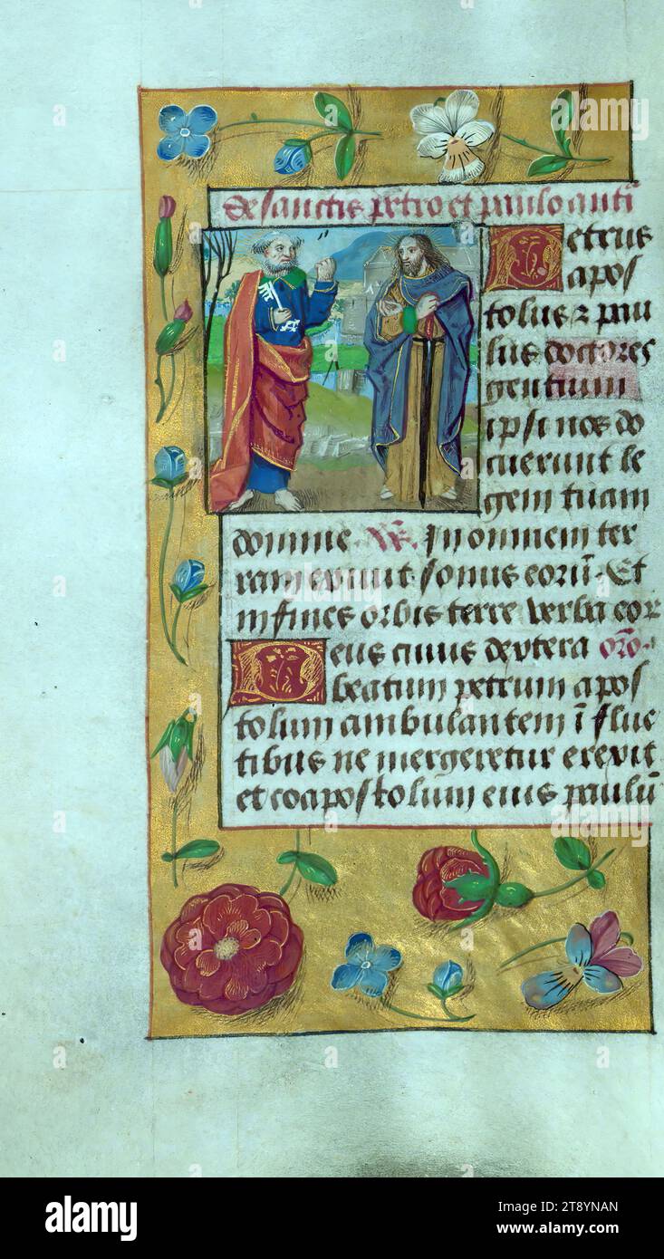 Stundenbuch (zur Nutzung von Tournai), SS. Peter und Paul, dieses Stundenbuch wurde für die Nutzung von Tournai fertiggestellt und wurde ca. 1500 unter dem Einfluss des Meisters der Gebetsbücher. Die Synthese von Text und Dekoration ist in diesem Manuskript gut ausgewogen Stockfoto