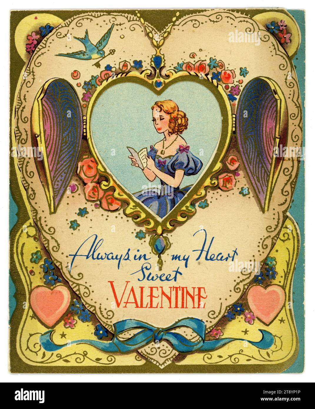 Originelle, charmante Valentinskarte aus der Ära der 1950er Jahre, Text ist immer in meinem Herzen, Süßer Valentinstag. Stockfoto