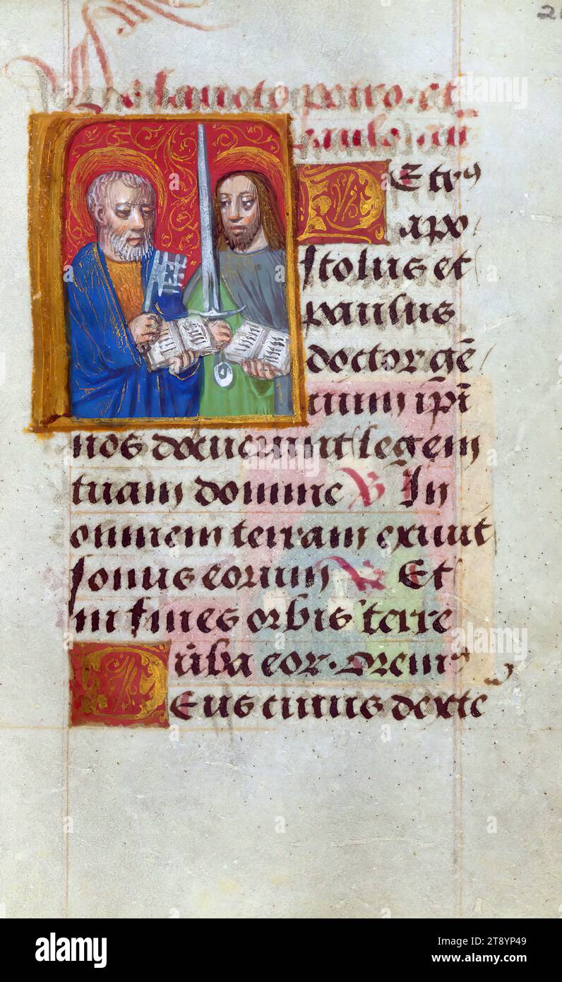 Stundenbuch, SS. Peter und Paulus, dieses kleine Stundenbuch entstand um die Wende des 16. Jahrhunderts. Die Beleuchtung ist im Stil des Meisters des Gebetsbuches von Ca. 1500, in Brügge tätig Stockfoto