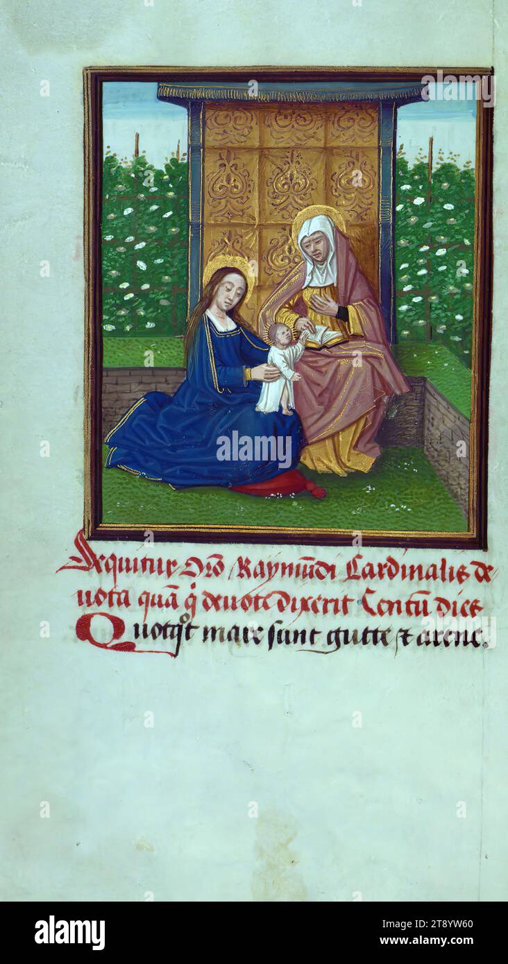 Gebetsbuch (Zusammenstellung), St. Anne mit der Jungfrau Maria und dem Christkind, dieses Gebetsbuch, ca. 1500, ist eine Zusammenstellung mehrerer Texte aus mindestens fünf verschiedenen Händen, wobei die Miniaturen ebenfalls mehrere Hände aufweisen. Besonders hervorzuheben sind die illusionistischen Grenzen mit außergewöhnlichen Motiven. Grenzen zu Beginn des Buches scheinen von einem anderen Künstler zu sein, da spätere Grenzgruppen sich in Design und Farbe unterscheiden, mit kleineren Motiven, weniger Gedränge, blühenden roten Nelken und Lilien und einigen amüsanten Drollerien Stockfoto
