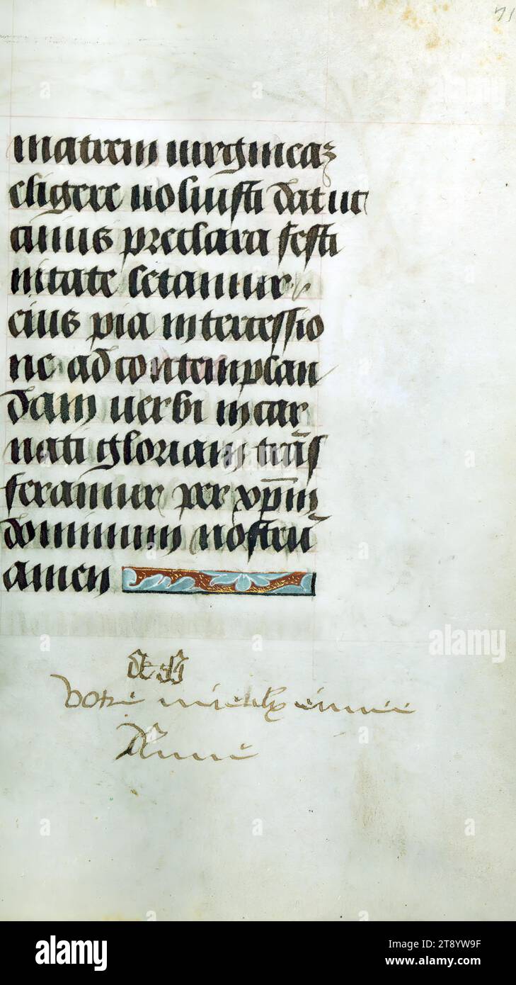 Stunden des Herzogs Adolf von Kleve, signierte Inschrift von Anne von Burgund, dieses Buch der Stunden wurde in den 1480er Jahren für Adolph, Herzog von Kleve, Graf von La Mack, Herr von Ravenstein und Wijnendale (1425–92) fertiggestellt. bis 1477 Mitglied des Gefolges der Herzöge von Burgund und danach in einer Position des persönlichen Vertrauens unter Erzherzog Maximilian, Ehemann von Maria von Burgund (gest. 1482) Stockfoto