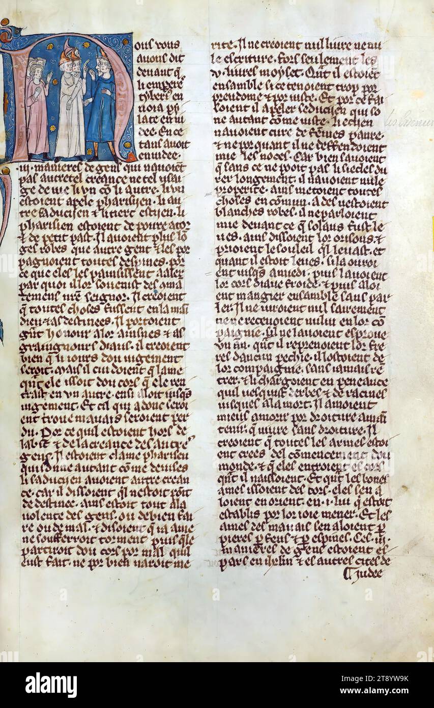 Wilhelm von Tyre's Histoire d’Outre Mer, Initial 'N' mit der Debatte der Pharisäer und Sadduzäer, diese Manuskript, fertiggestellt in der späten Hälfte des 13. Jahrhunderts, enthält Wilhelm von Tyrus Estoire d’Eracles (bis 1229), Les faits des Romains (Fortsetzung, Tiberius an Julian) und einen Brief von Prester Johannes. Während der Ursprung des Manuskripts zwischen Akkon und Paris umstritten ist, deutet Jaroslav Folda auf eine starke Verbindung mit Epinal 45 hin, einem Manuskript, das bekanntermaßen in Paris zur gleichen Zeit entstanden ist Stockfoto