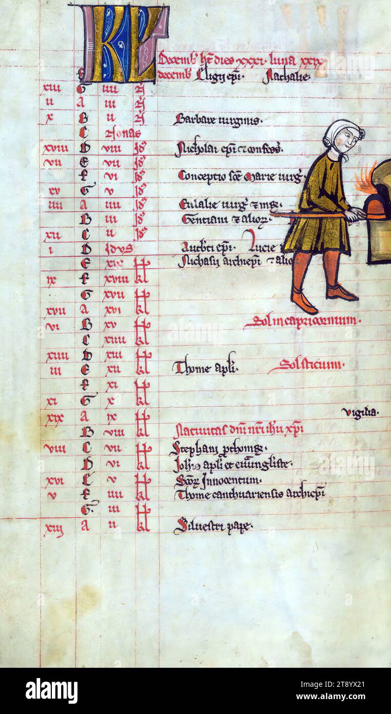 Psalter und Office of the Dead, Mann, der im Flammenofen kocht, datiert aus ca. 1265–80 enthält dieses Manuskript zwölf Kalenderillustrationen, vier erhaltene ganzseitige Miniaturen und acht historisierte Initialen. Ursprünglich aus dem Psalter und dem Totenamt (für prämonstratensische Verwendung) zusammengesetzt, wurde es zu einem späteren Zeitpunkt hinzugefügt, um Stunden der Jungfrau mit einer nicht identifizierten Verwendung aufzunehmen, die aber mit Thérouanne und Saint Omer verwandt ist. Die Beleuchtung besteht aus Gent, Hennegau und Lüttich Stockfoto