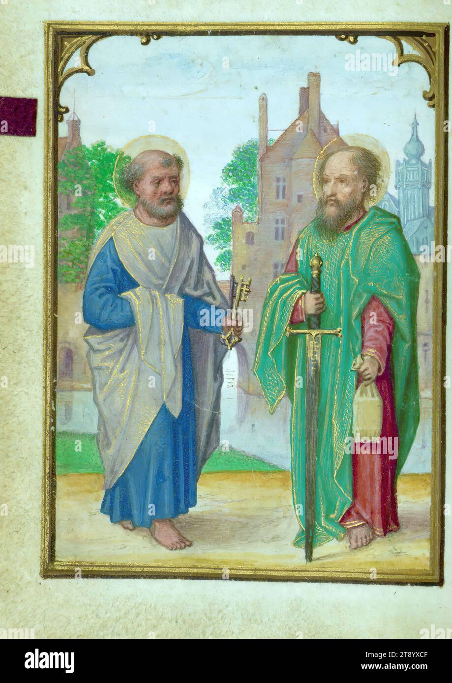 Gebetsbuch, SS. Peter und Paul, dieses Gebetsbuch, wahrscheinlich in Brügge, CA. 1510–20, enthält acht erhaltene ganzseitige Miniaturen, zwölf Kalenderabbildungen und zehn beleuchtete Ränder. Der künstlerische Stil ähnelt dem von Simon Bening, aber seine Beziehung zu ihm ist nicht fest etabliert. Es handelt sich um einen kleinen Andachtstext, der so groß ist, dass er leicht in die Handfläche des Bittstellers passt. Das Buch ist in violettem Samt mit verzierten, gemeißelten, silbergoldenen Möbeln gebunden und hat eine kindergefütterte violette Samthülle für zusätzlichen Schutz und Dekoration Stockfoto