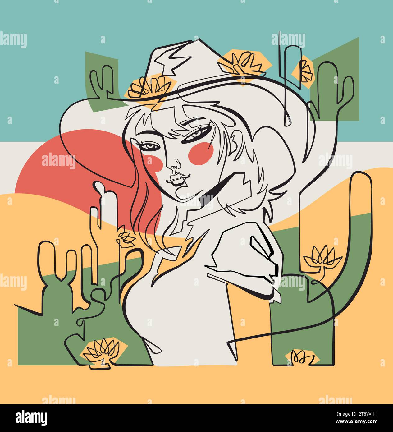 Cowgirl mit Kakteen und Blumen in der Wüstenszene. Einzeilige Art.. Stock Vektor
