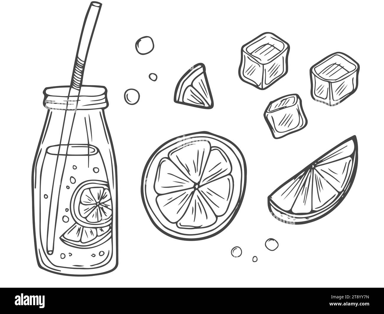 Smoothie im grafischen Stil. Cocktail mit Wassermelone, Orange, Minze und Eiswürfeln. Vektor handgezeichnet im Doodle-Stil. Botanische Illustration Skizzieren. Stock Vektor