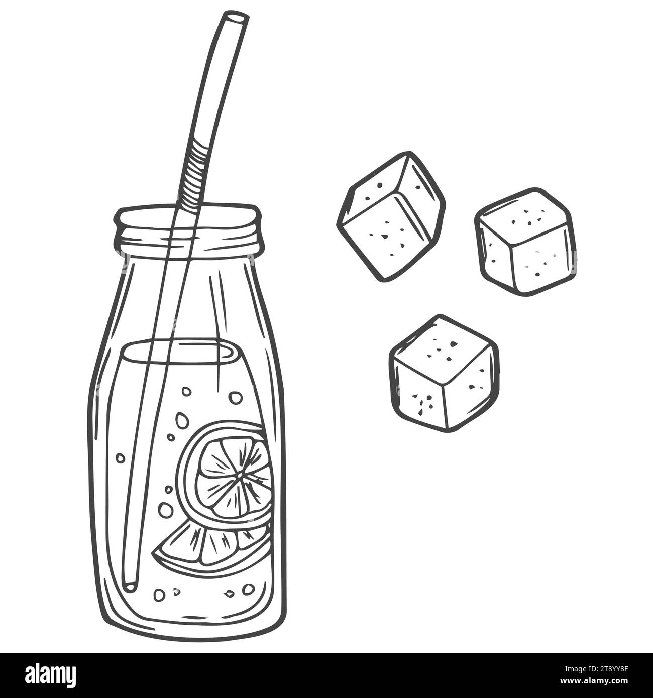 Frischer Smoothie mit Zitronen und Orangen. Hohe Glasflasche mit Strohhalm, Obst und Blättern. Erfrischendes Sommergetränk im Doodle-Stil. Skurrile Essensbeispiele Stock Vektor