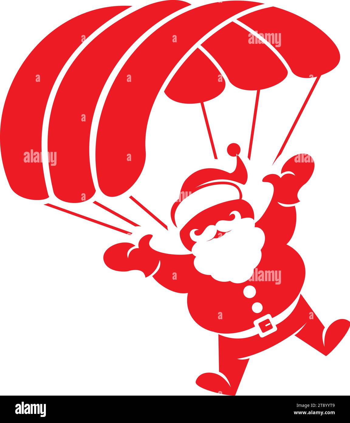 Die Silhouette des Weihnachtsmanns steigt unter dem Fallschirm zur Erde ab. Vektorsymbol auf transparentem Hintergrund Stock Vektor