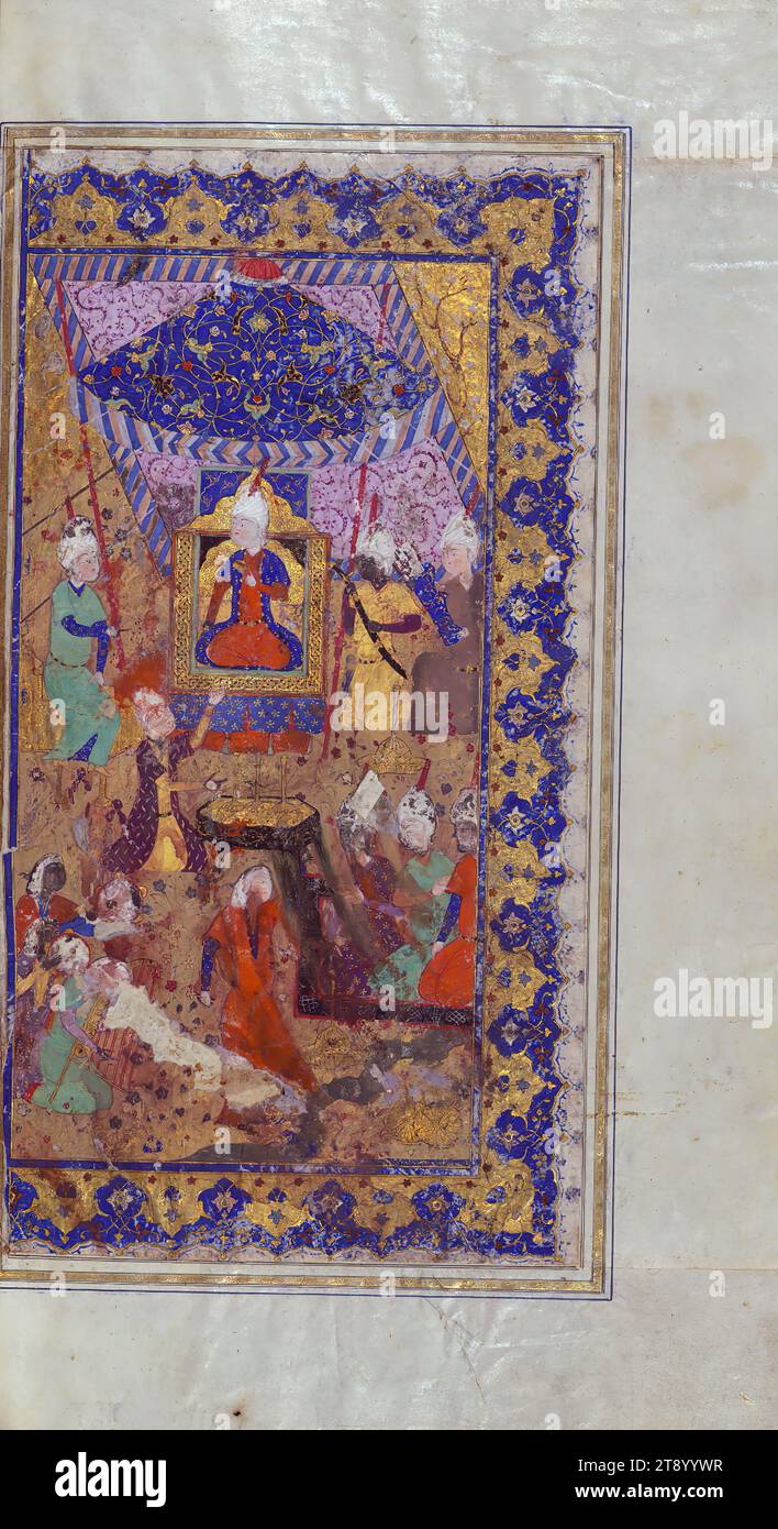 Beleuchtetes Manuskript, fünf Gedichte (Quintett), dies ist die linke Seite einer doppelseitigen illustrierten Vorderseite, die einen königlichen Pavillon und Pferde mit Geschenken darstellt; dies ist ein beleuchtetes und illustriertes Khamsah (Quintett) von Niẓāmī Ganjavī (d. 605 AH / 1209 n. Chr.), kopiert von Muḥammad Mūsá al-Mudhahhib ('der Limner') in Safawid Iran im Jahr 924 AH / 1518 CE. Das Manuskript beginnt mit einer doppelseitigen Abbildung, gefolgt von einer doppelseitigen Beleuchtung Stockfoto