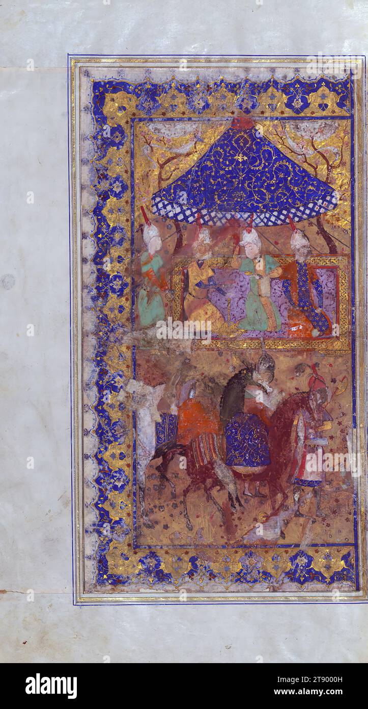 Beleuchtetes Manuskript, fünf Gedichte (Quintett), dies ist die linke Seite einer doppelseitigen illustrierten Vorderseite, die einen königlichen Pavillon und Pferde mit Geschenken darstellt; dies ist ein beleuchtetes und illustriertes Khamsah (Quintett) von Niẓāmī Ganjavī (d. 605 AH / 1209 n. Chr.), kopiert von Muḥammad Mūsá al-Mudhahhib ('der Limner') in Safawid Iran im Jahr 924 AH / 1518 CE. Das Manuskript beginnt mit einer doppelseitigen Abbildung, gefolgt von einer doppelseitigen Beleuchtung Stockfoto