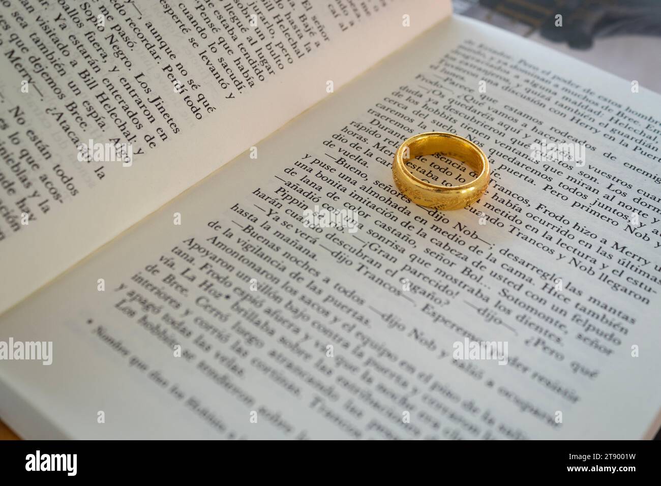 Spanisches Textbuch Seite des Herrn der Ringe die Gemeinschaft des Rings mit dem Ring der Macht selektive Fokus über die Seiten Stockfoto