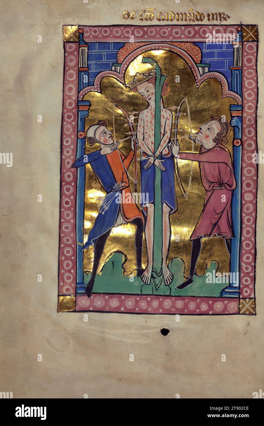 Carrow Psalter, Martyrium von König Edmund, diese englische Handschrift wurde Mitte des 13. Jahrhunderts in East Anglia für einen Schutzpatron mit besonderer Verehrung für St. OLAF, dessen Leben und Märtyrertod in der Beatus-Initiale von Psalm 1 besonders dargestellt werden. Aufgrund seiner späteren Verwendung durch das Kloster von Carrow bei Norwich als „Carrow Psalter“ bekannt, wird es genauer als „Psalter-Stunden“ bezeichnet, da es das Amt der Toten, die Stunden der Jungfrau enthält und sammelt Stockfoto