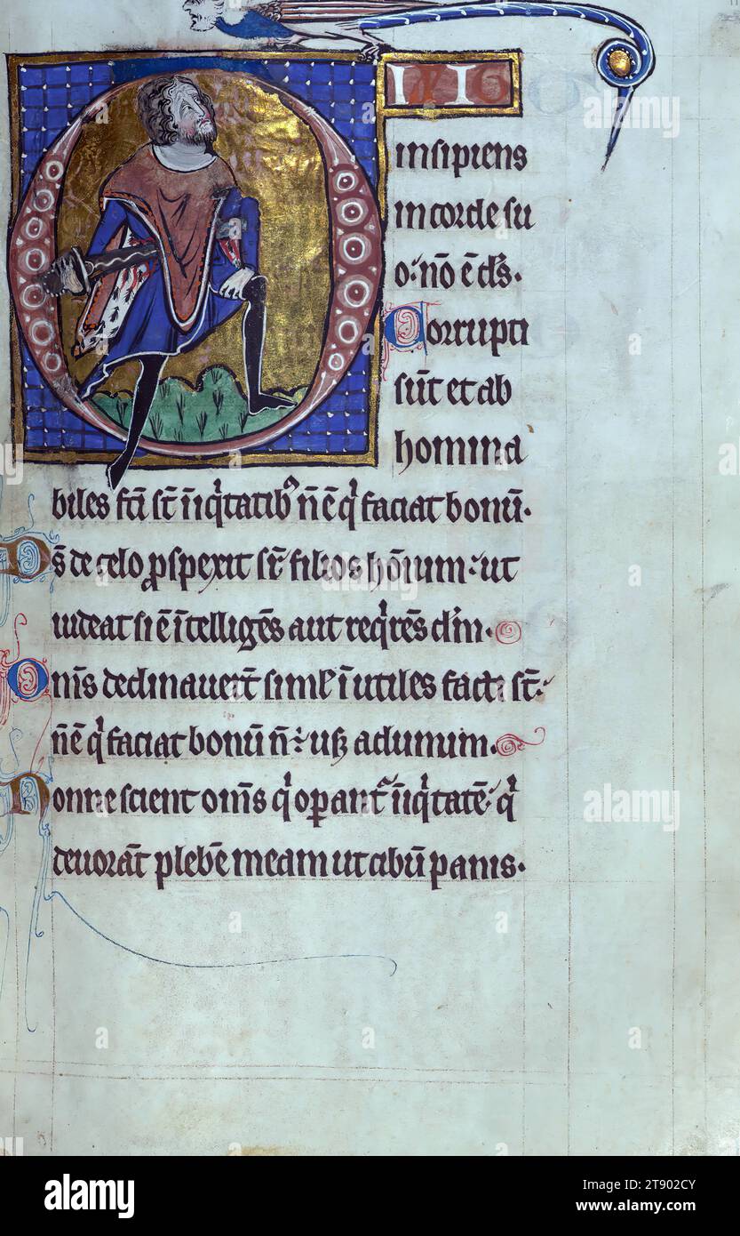 Carrow Psalter, König, der sich mit dem Schwert ersticht, diese englische Handschrift wurde Mitte des 13. Jahrhunderts in East Anglia für einen Schutzpatron mit besonderer Verehrung für St. OLAF, dessen Leben und Märtyrertod in der Beatus-Initiale von Psalm 1 besonders dargestellt werden. Aufgrund seiner späteren Verwendung durch das Kloster von Carrow bei Norwich als „Carrow Psalter“ bekannt, wird es genauer als „Psalter-Stunden“ bezeichnet, da es das Amt der Toten, die Stunden der Jungfrau enthält und sammelt Stockfoto