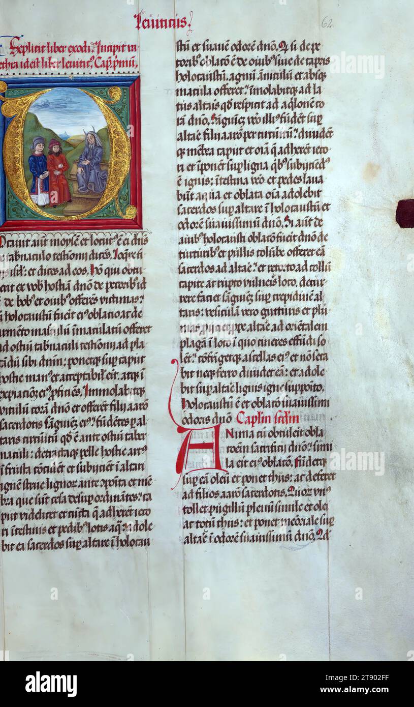 Beleuchtetes Manuskript, Bibel (Teil), Moses erklärt das Gesetz zwei Israeliten, diese großformatige Manuskript enthält die ersten acht Bücher des Alten Testaments, Genesis durch Ruth. Das Datum der Fertigstellung ist der 2. Februar 1507. Die Erleuchtung der Schöpfung innerhalb eines kosmographischen Schemas basiert zum Teil auf den Holzschnittabbildungen der Schöpfung in der Koberger Bibel von 1483 und der Nürnberger Chronik von 1493 desselben Druckers. Große historische Initialen markieren den Anfang jedes Buches Stockfoto Beleuchtetes Manuskript, Bibel (Teil), Moses erklärt das Gesetz zwei Israeliten, diese großformatige Manuskript enthält die ersten acht Bücher des Alten Testaments, Genesis durch Ruth. Das Datum der Fertigstellung ist der 2. Februar 1507. Die Erleuchtung der Schöpfung innerhalb eines kosmographischen Schemas basiert zum Teil auf den Holzschnittabbildungen der Schöpfung in der Koberger Bibel von 1483 und der Nürnberger Chronik von 1493 desselben Druckers. Große historische Initialen markieren den Anfang jedes Buches Stockfoto
